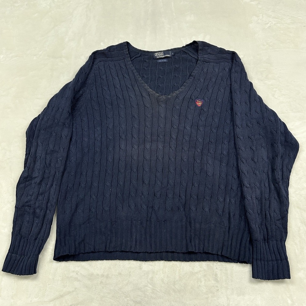 Polo Ralph Lauren Sweater Mens L Navy Blue Cable Knit V-Neck Cotton Distressed